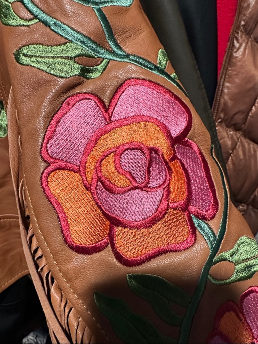 Free people x MAURITUS Crissy brown leather fringe jacket floral Size L - Picture 6 of 11